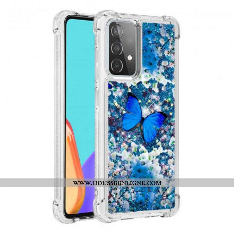 Coque Samsung Galaxy A52 4G / A52 5G / A52s 5G Papillons Bleus Paillettes