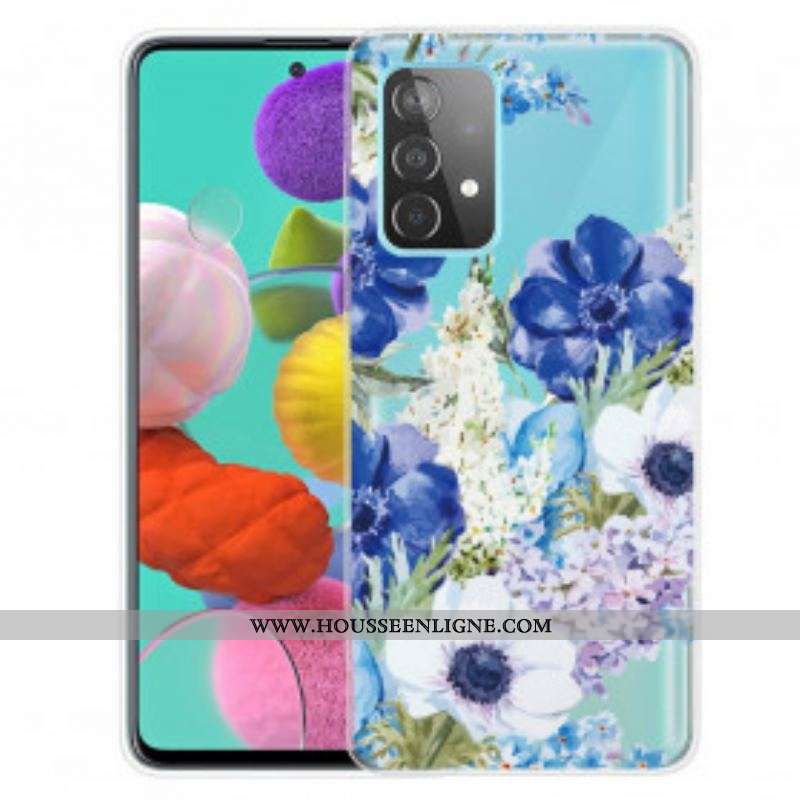Coque Samsung Galaxy A52 4G / A52 5G / A52s 5G Transparente Fleurs Bleues Aquarelle