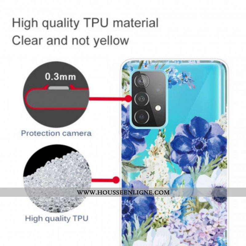 Coque Samsung Galaxy A52 4G / A52 5G / A52s 5G Transparente Fleurs Bleues Aquarelle