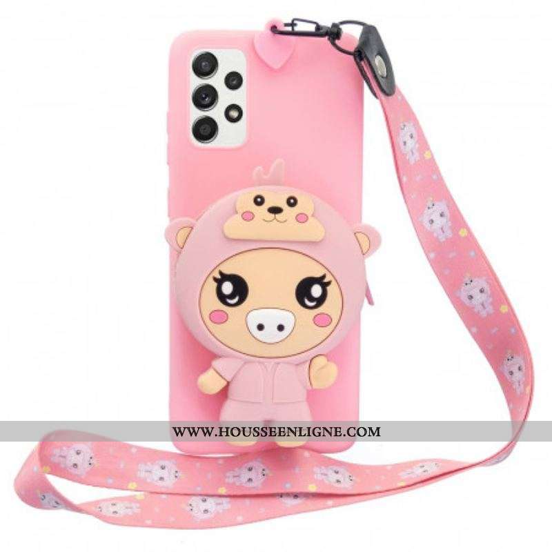 Coque Samsung Galaxy A53 5G Cochon 3D avec lanière Mousqueton