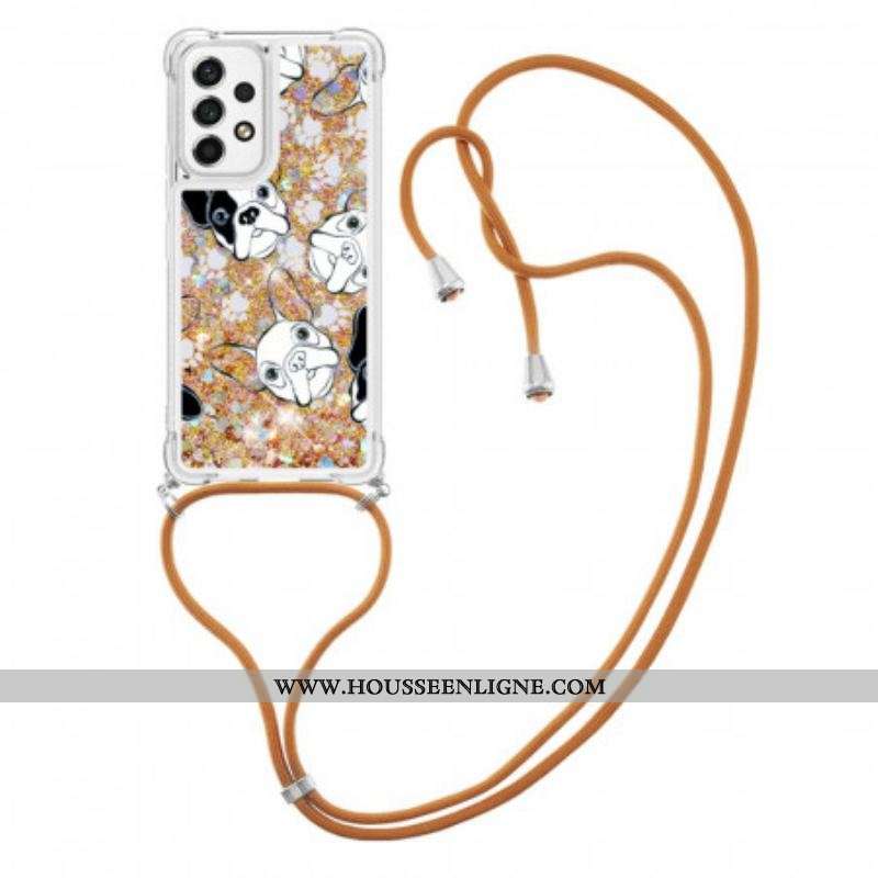 Coque Samsung Galaxy A53 5G à Cordon Paillettes Chiens