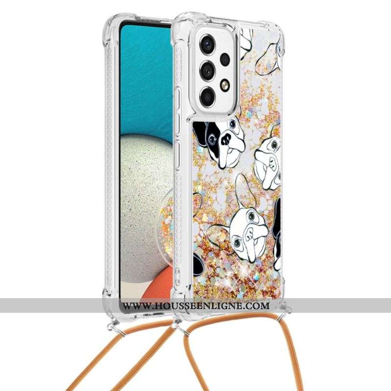 Coque Samsung Galaxy A53 5G à Cordon Paillettes Chiens