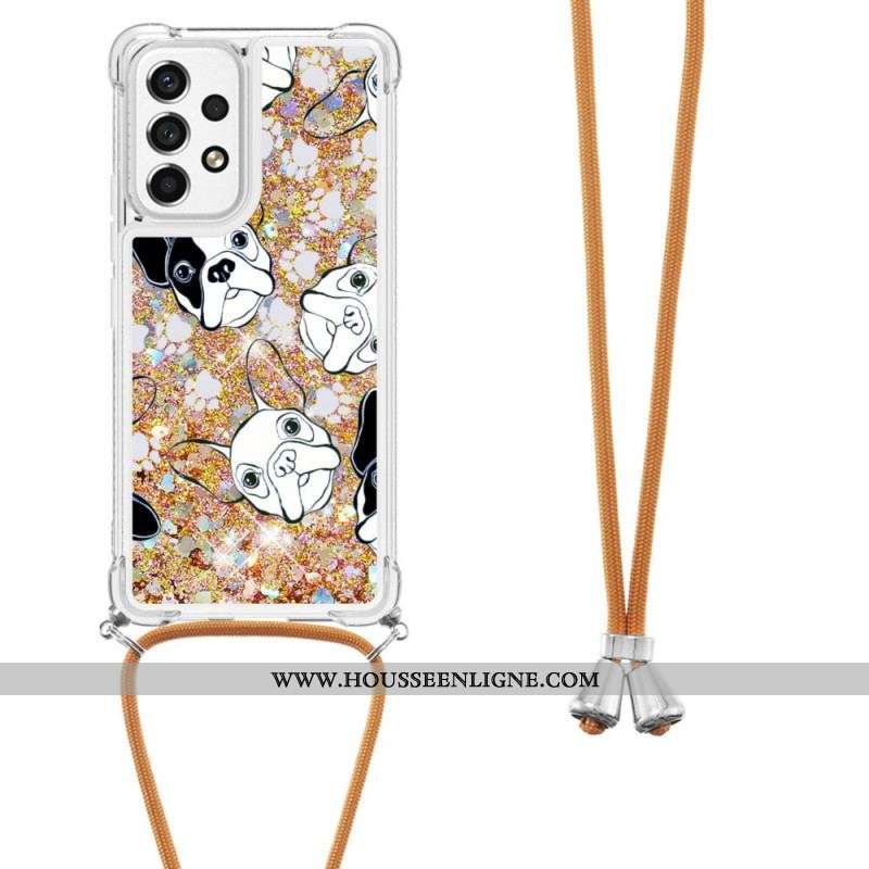 Coque Samsung Galaxy A53 5G à Cordon Paillettes Chiens