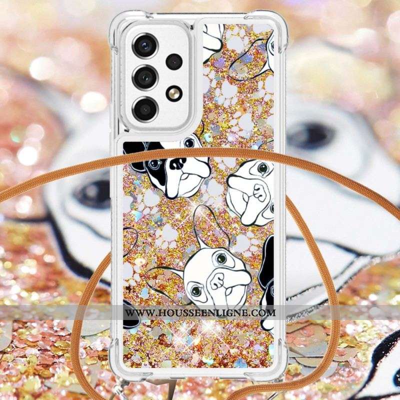 Coque Samsung Galaxy A53 5G à Cordon Paillettes Chiens