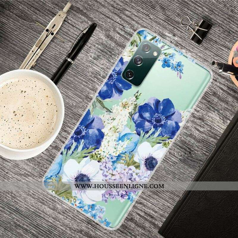 Coque Samsung Galaxy S20 FE Transparente Fleurs Bleues Aquarelle