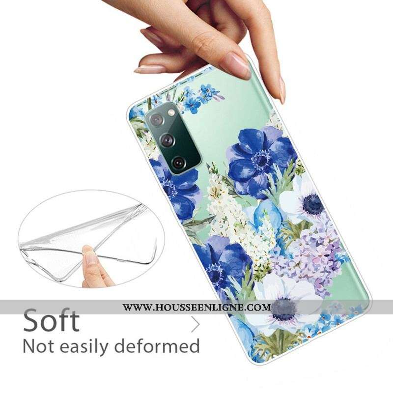 Coque Samsung Galaxy S20 FE Transparente Fleurs Bleues Aquarelle