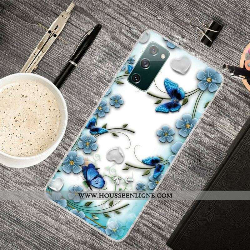 Coque Samsung Galaxy S20 FE Transparente Papillons et Fleurs Rétros