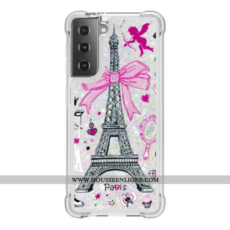Coque Samsung Galaxy S21 5G La Tour Eiffel Paillettes