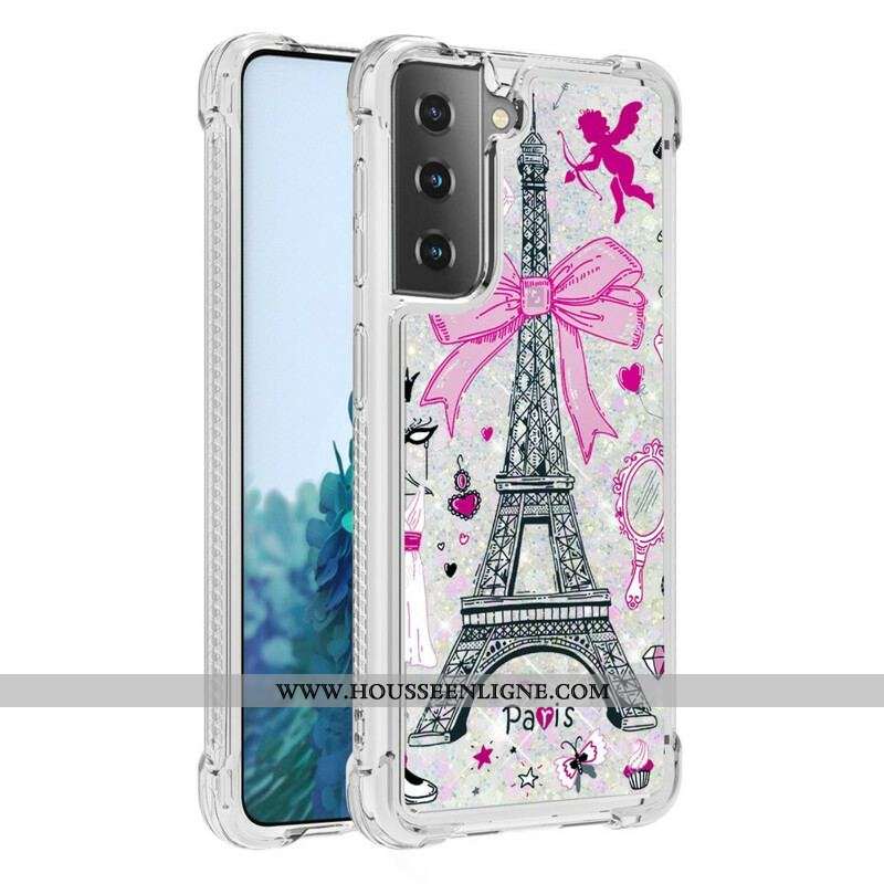 Coque Samsung Galaxy S21 5G La Tour Eiffel Paillettes
