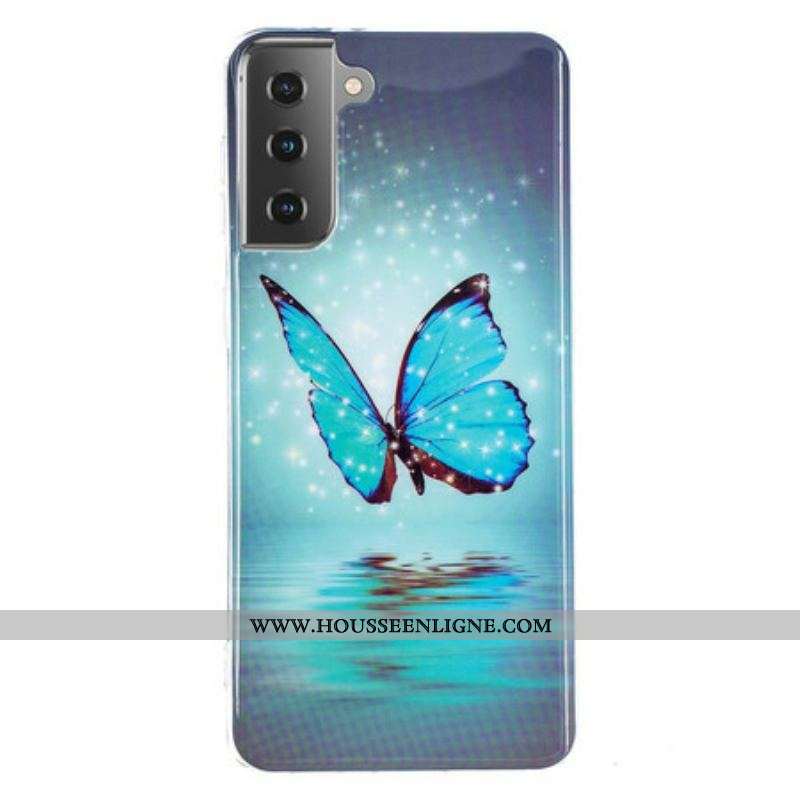 Coque Samsung Galaxy S21 5G Papillon Bleu Fluorescente