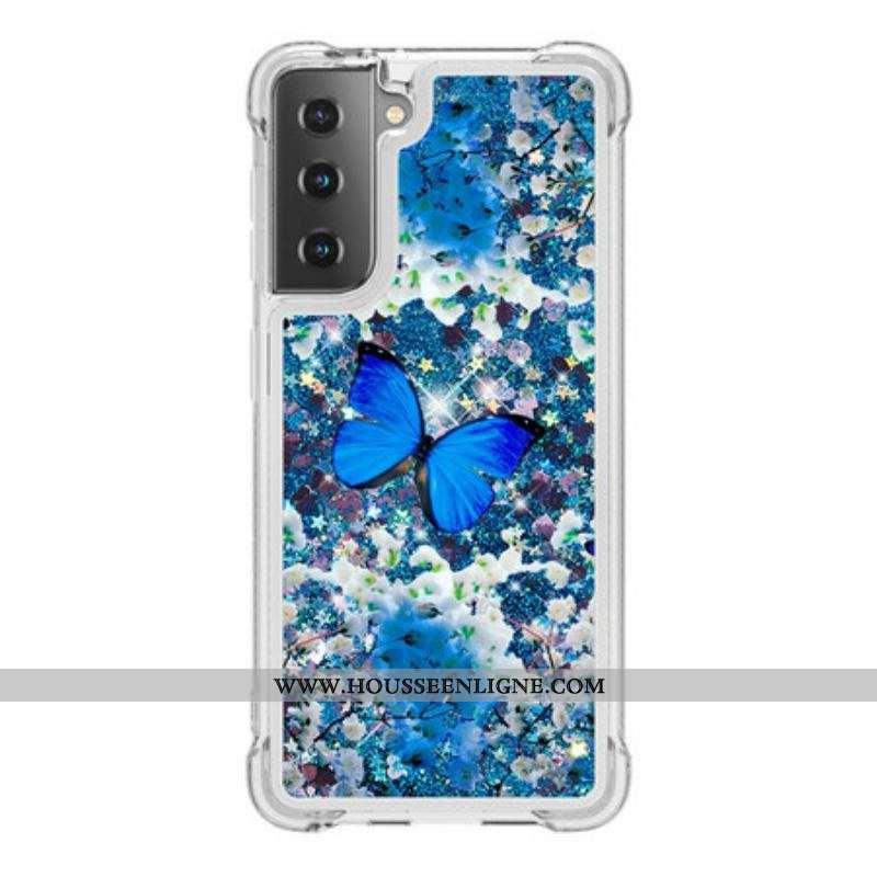Coque Samsung Galaxy S21 5G Papillons Bleus Paillettes