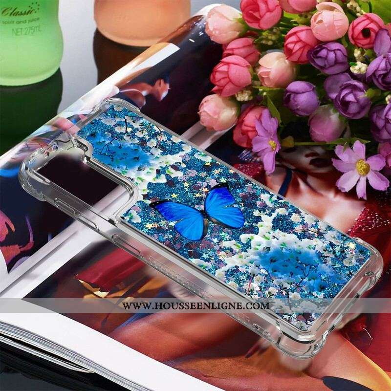 Coque Samsung Galaxy S21 5G Papillons Bleus Paillettes