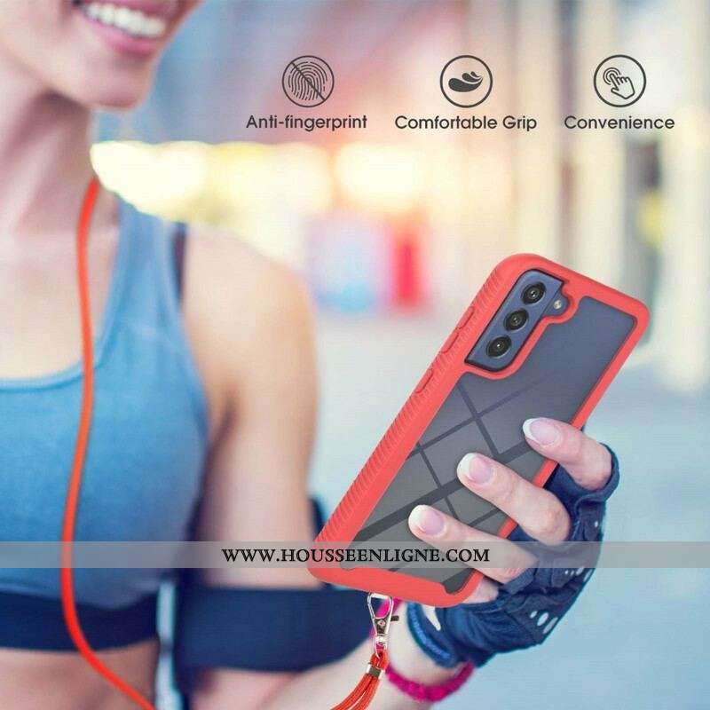 Coque Samsung Galaxy S21 FE Hybride avec Cordon et Contour Coloré