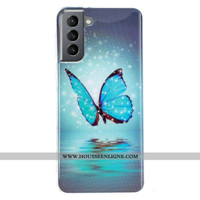 Coque Samsung Galaxy S21 FE Papillon Bleu Fluorescente