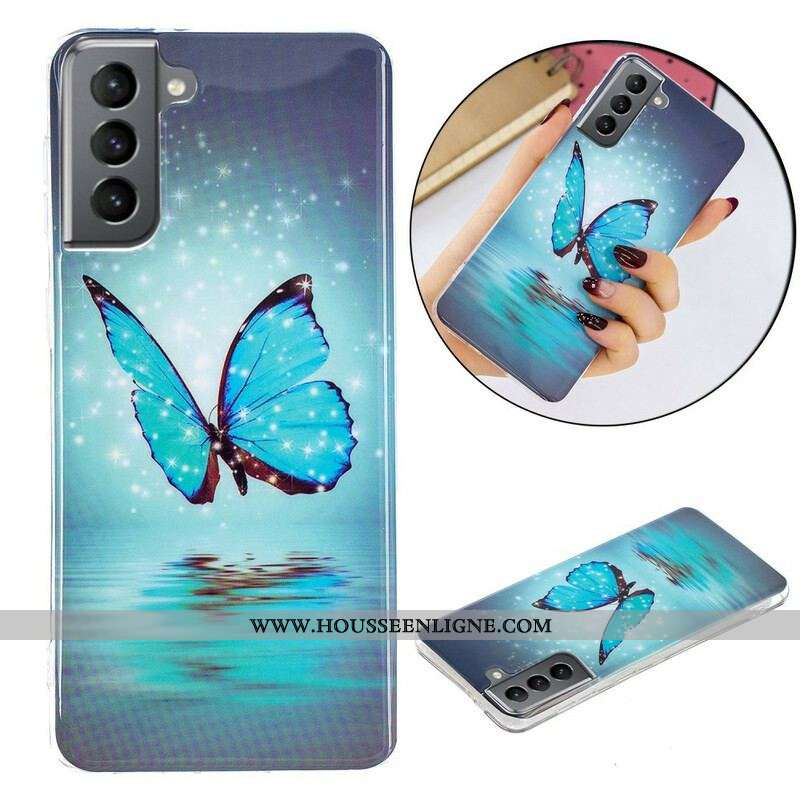Coque Samsung Galaxy S21 FE Papillon Bleu Fluorescente
