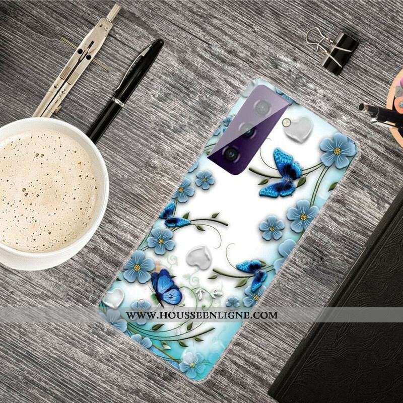 Coque Samsung Galaxy S21 FE Papillons et Fleurs Rétros
