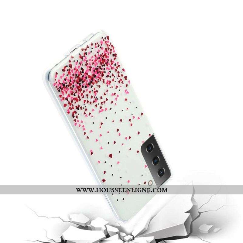 Coque Samsung Galaxy S21 Plus 5G Transparente Multiples Coeurs Rouges