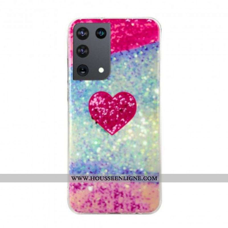 Coque Samsung Galaxy S21 Ultra 5G Coeur Marbre Paillettes