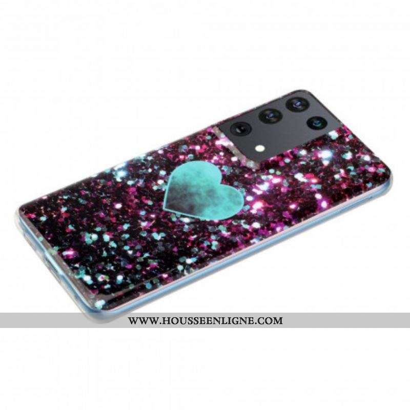 Coque Samsung Galaxy S21 Ultra 5G Coeur Marbre Paillettes