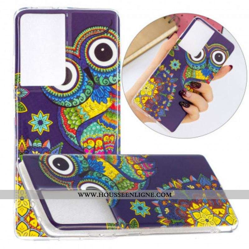 Coque Samsung Galaxy S21 Ultra 5G Hibou Mandala Fluorescente