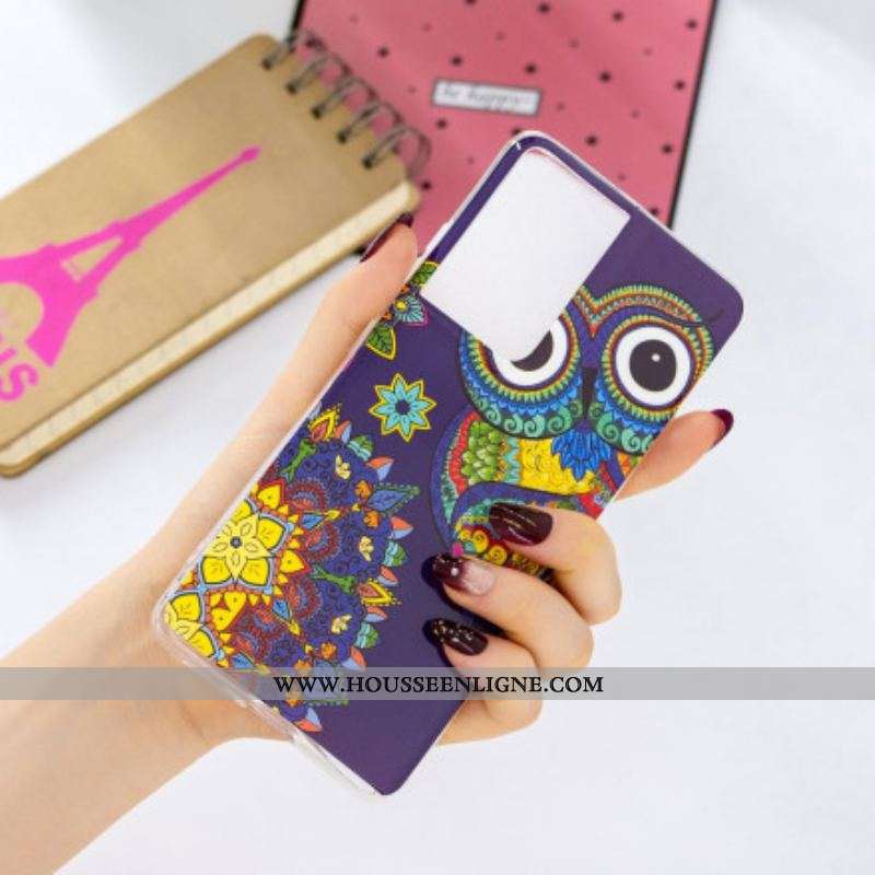 Coque Samsung Galaxy S21 Ultra 5G Hibou Mandala Fluorescente