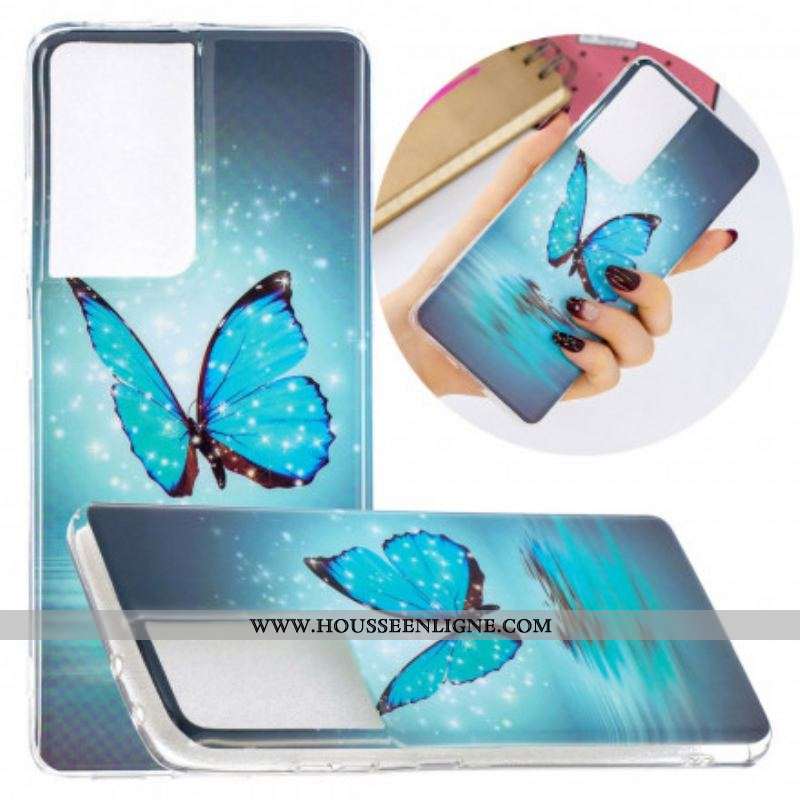 Coque Samsung Galaxy S21 Ultra 5G Papillon Bleu Fluorescente