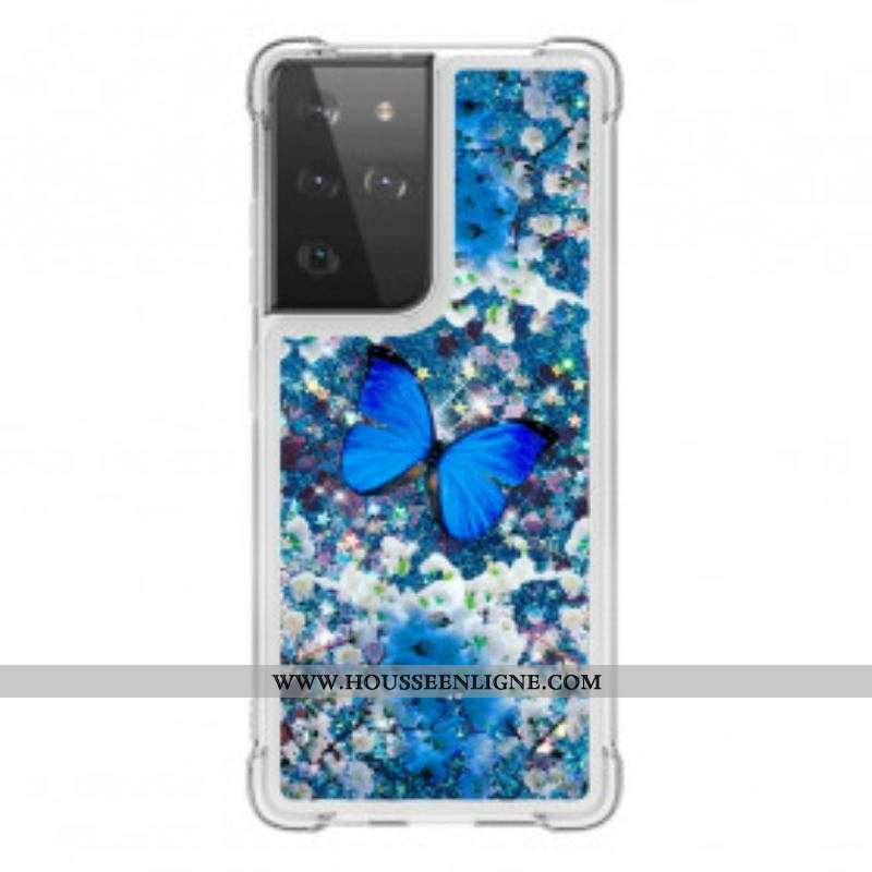 Coque Samsung Galaxy S21 Ultra 5G Papillons Bleus Paillettes