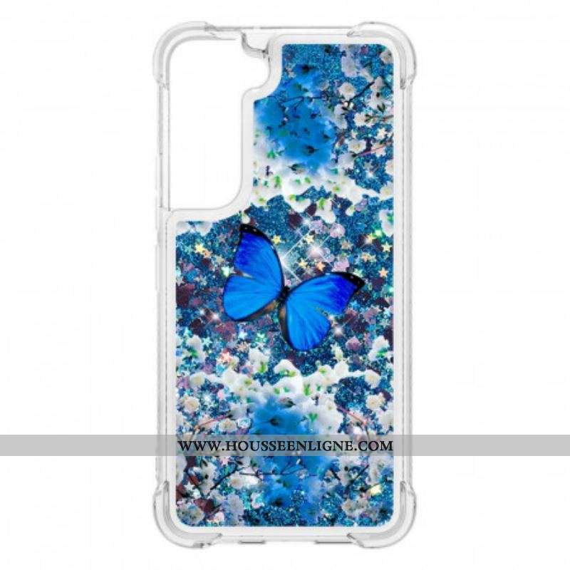 Coque Samsung Galaxy S22 5G Papillons Bleus Paillettes