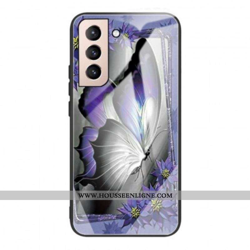 Coque Samsung Galaxy S22 5G Verre Trempé Papillon Violet