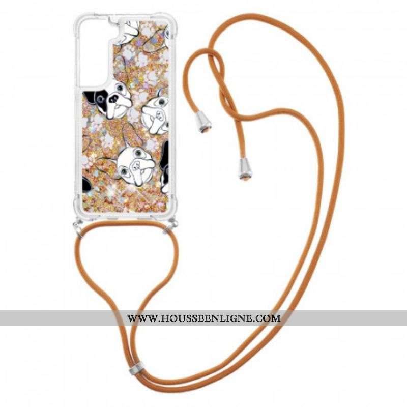 Coque Samsung Galaxy S22 5G à Cordon Paillettes Chiens