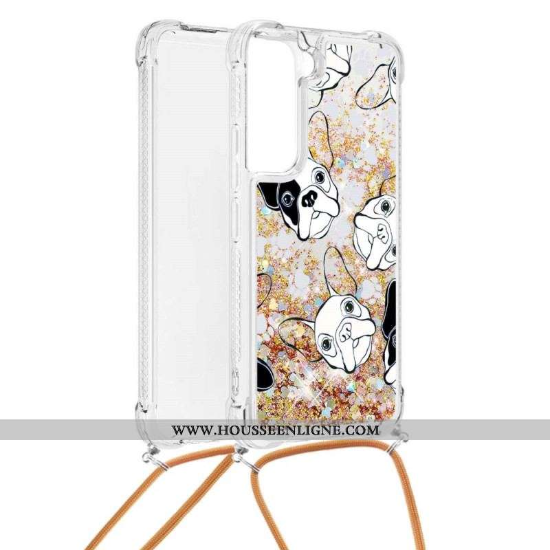 Coque Samsung Galaxy S22 5G à Cordon Paillettes Chiens