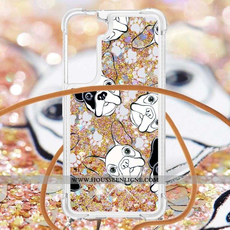 Coque Samsung Galaxy S22 5G à Cordon Paillettes Chiens