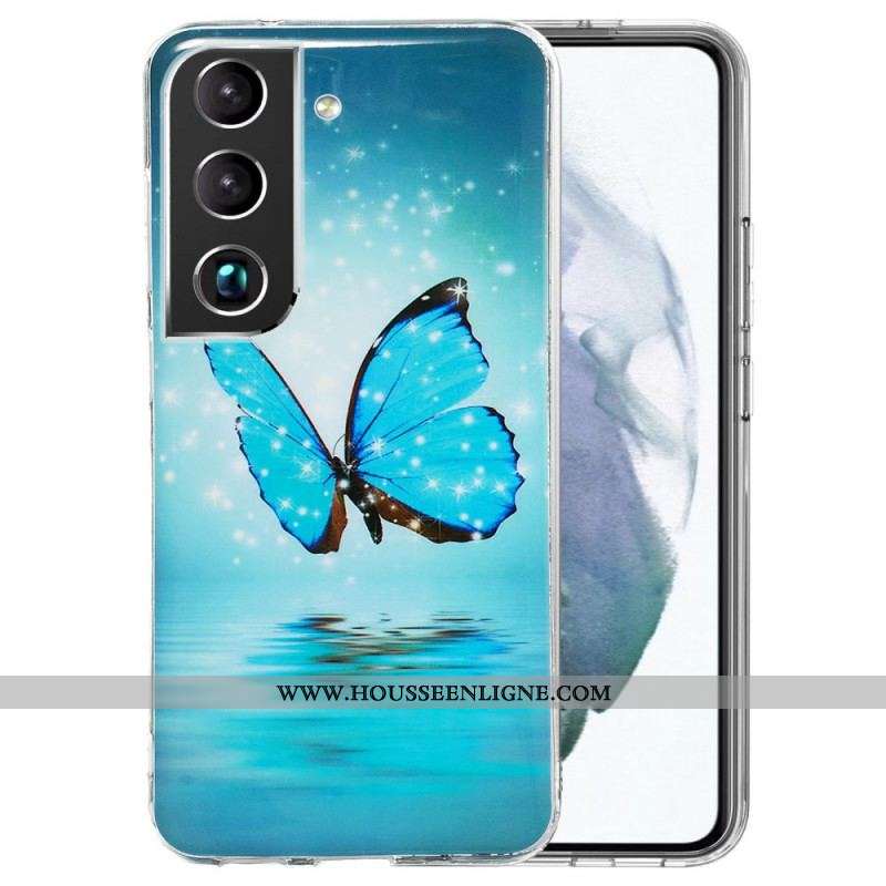Coque Samsung Galaxy S22 Plus 5G Papillons Bleus Fluorescente