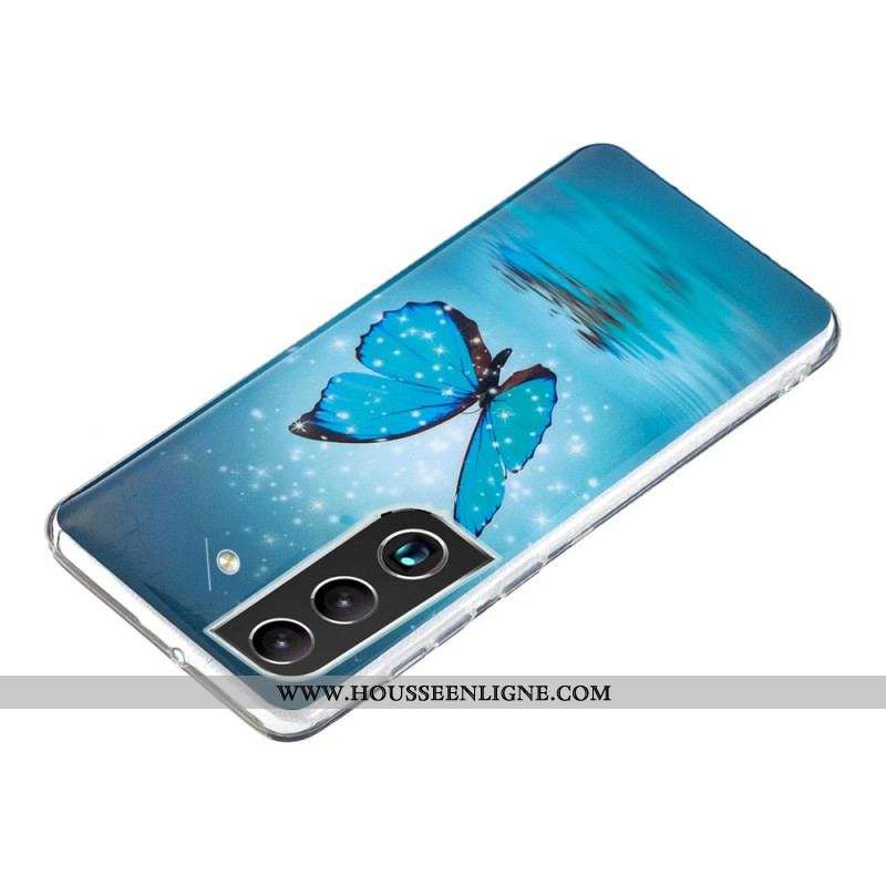 Coque Samsung Galaxy S22 Plus 5G Papillons Bleus Fluorescente