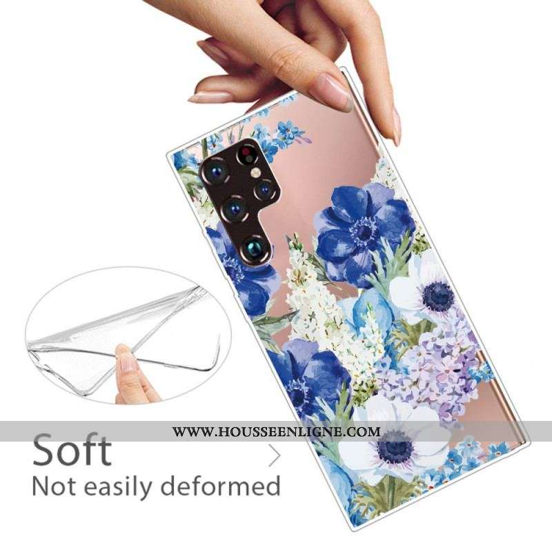 Coque Samsung Galaxy S22 Ultra 5G Fleurs Bleues Aquarelle