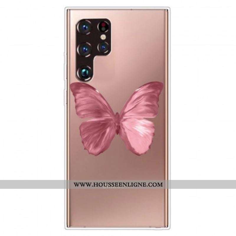 Coque Samsung Galaxy S22 Ultra 5G Flexible Papillon Rose