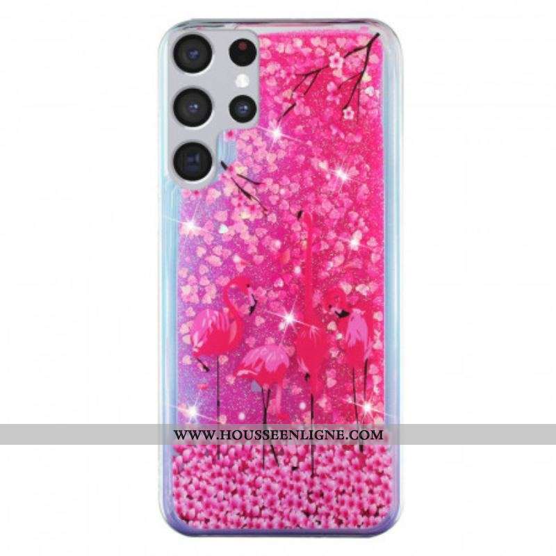 Coque Samsung Galaxy S22 Ultra 5G Paillettes Flamants Roses