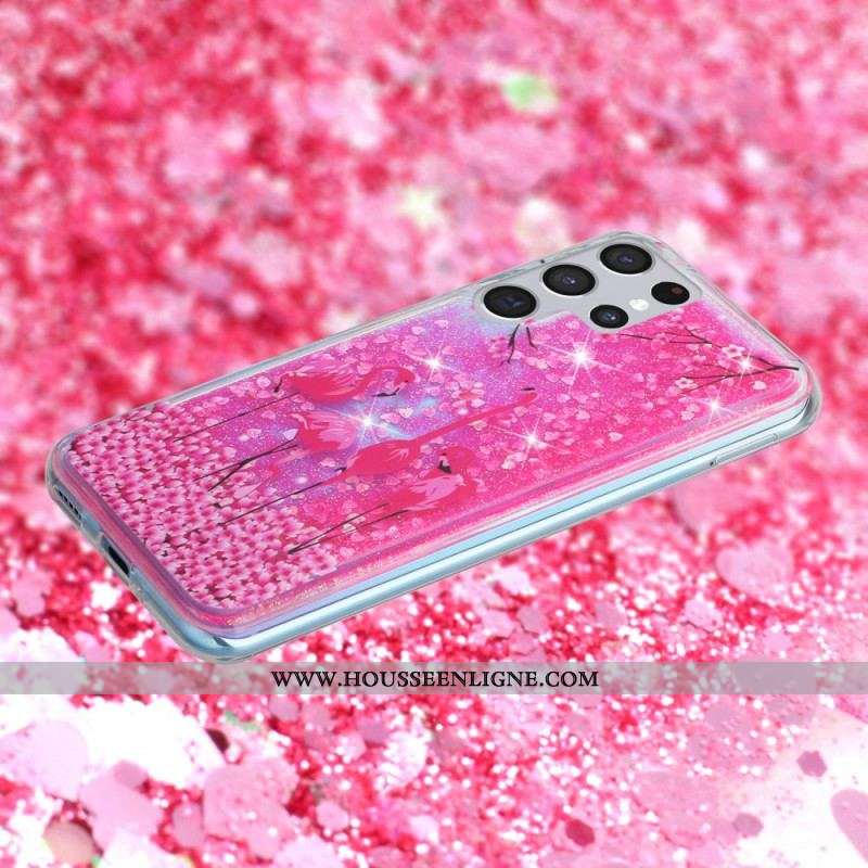 Coque Samsung Galaxy S22 Ultra 5G Paillettes Flamants Roses