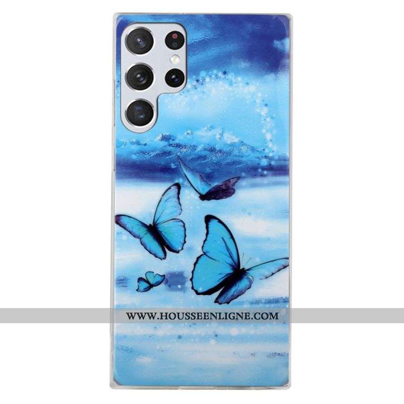 Coque Samsung Galaxy S22 Ultra 5G Papillons Bleus Fluorescente