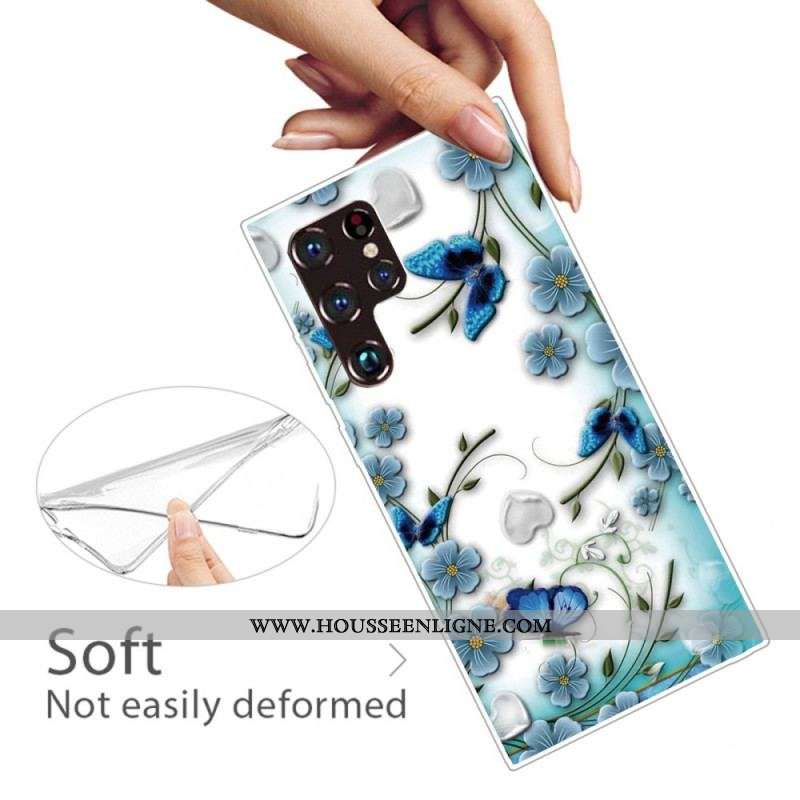 Coque Samsung Galaxy S22 Ultra 5G Papillons et Fleurs Rétros