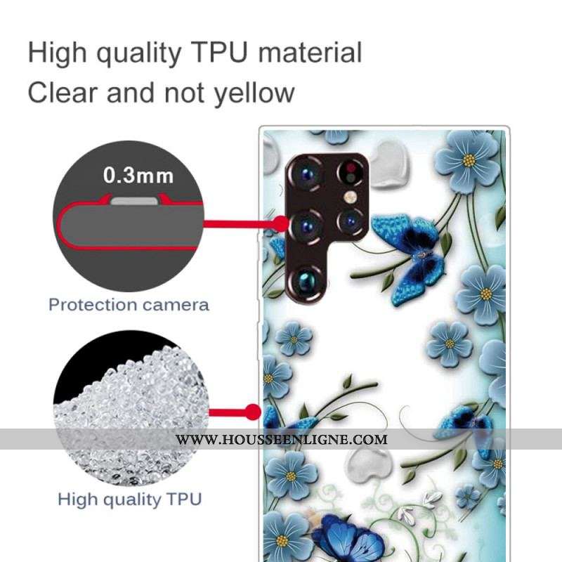 Coque Samsung Galaxy S22 Ultra 5G Papillons et Fleurs Rétros