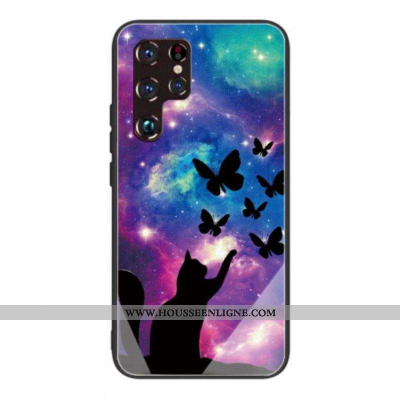 Coque Samsung Galaxy S22 Ultra 5G Verre Trempé Chat et Papillons Dans l'Espace