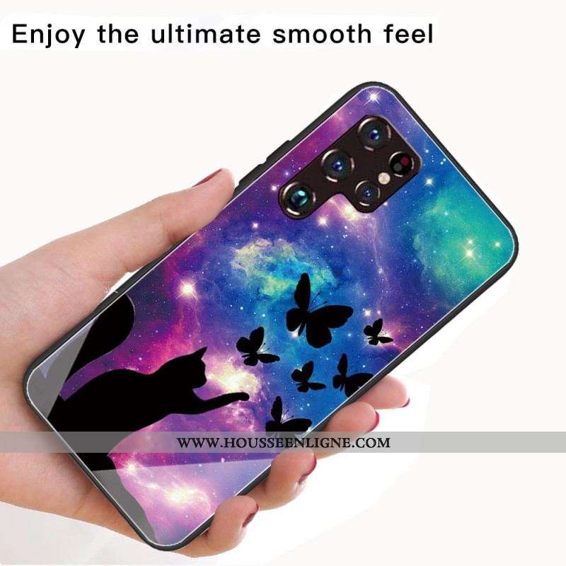 Coque Samsung Galaxy S22 Ultra 5G Verre Trempé Chat et Papillons Dans l'Espace