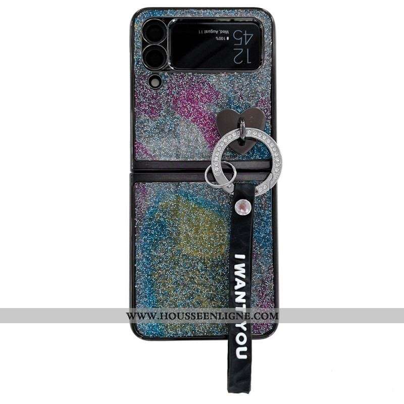 Coque Samsung Galaxy Z Flip 3 5G Paillettes, Breloques et Lanière