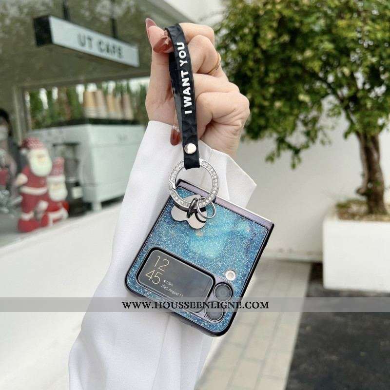 Coque Samsung Galaxy Z Flip 3 5G Paillettes, Breloques et Lanière