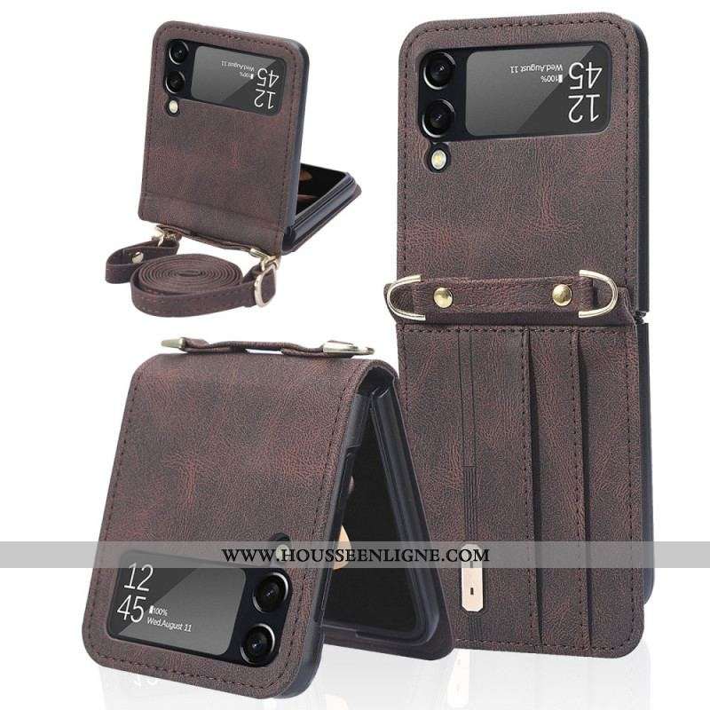 Coque Samsung Galaxy Z Flip 3 5G Style Cuir Porte-Cartes et Lanière