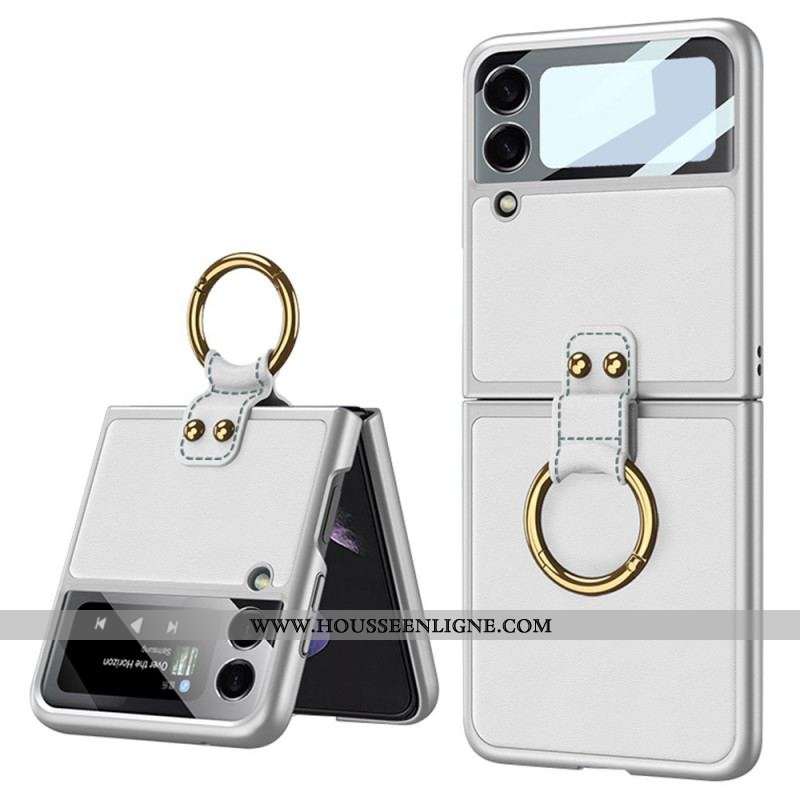 Coque Samsung Galaxy Z Flip 3 5G Verre Trempé Effet Cuir Anneau GKK