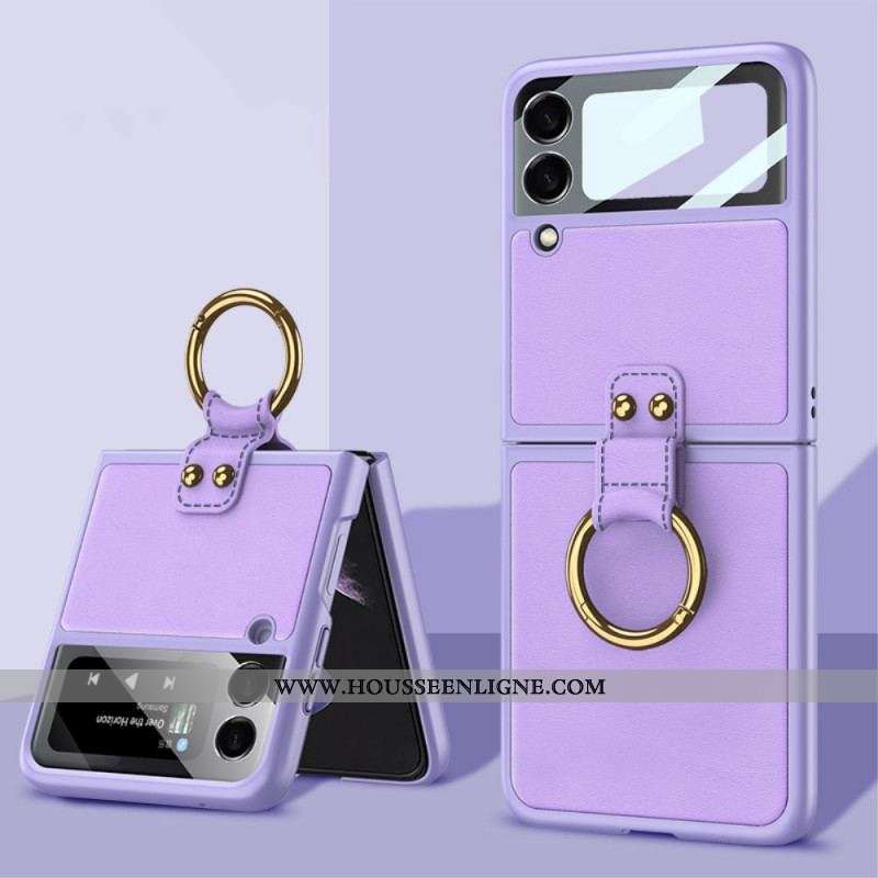 Coque Samsung Galaxy Z Flip 3 5G Verre Trempé Effet Cuir Anneau GKK