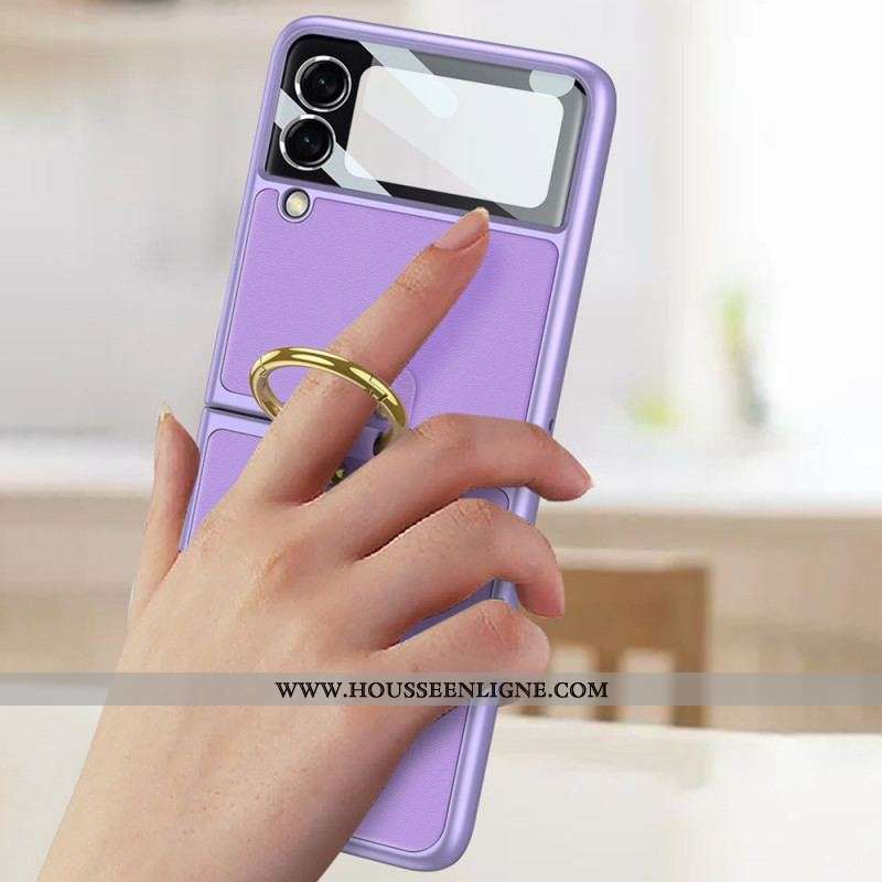 Coque Samsung Galaxy Z Flip 3 5G Verre Trempé Effet Cuir Anneau GKK