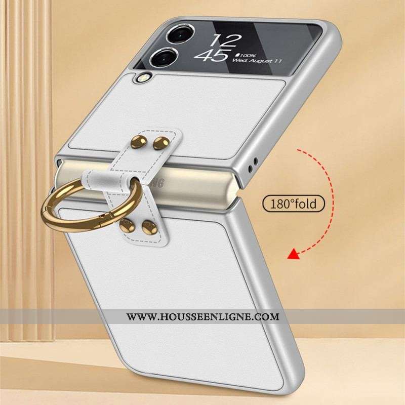Coque Samsung Galaxy Z Flip 3 5G Verre Trempé Effet Cuir Anneau GKK